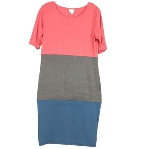 LuLaRoe Julia Knit Colorblock Dress Womens Size Medium Pink Gray Blue